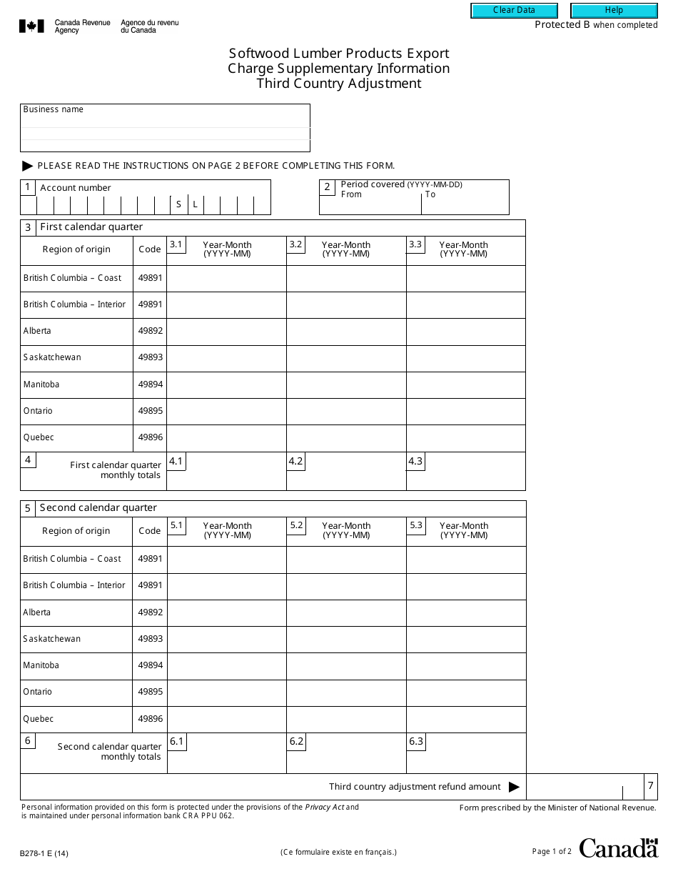 Form B278-1 Softwood Lumber Products Export Charge - Supplementary Information - Third Country Adjustment - Canada, Page 1