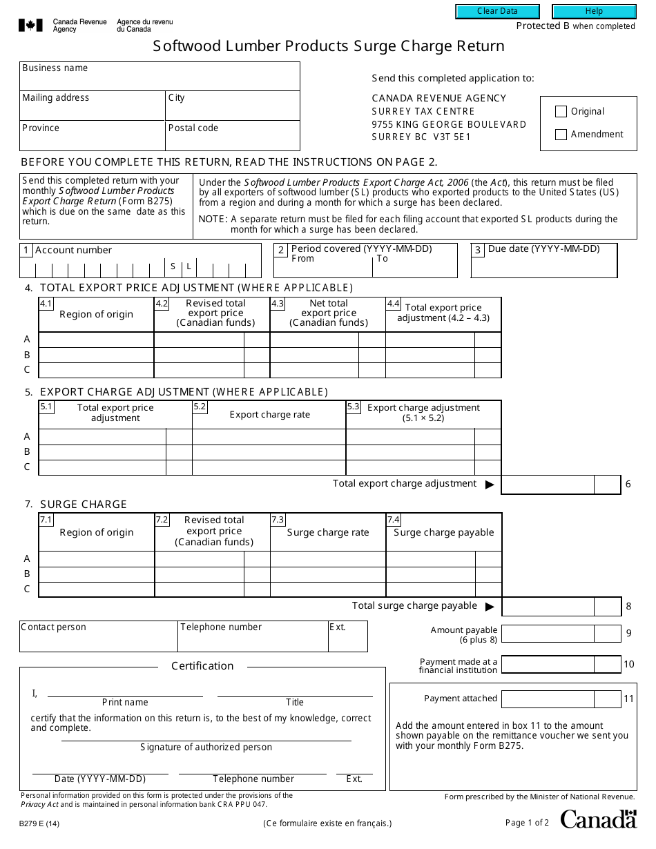 Form B279 Softwood Lumber Products Surge Charge Return - Canada, Page 1