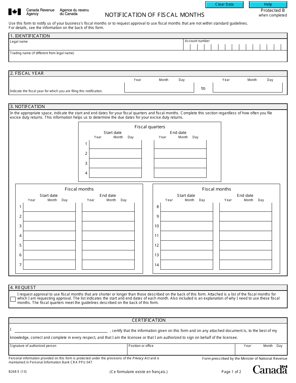 Form B268 Notification of Fiscal Months - Canada, Page 1