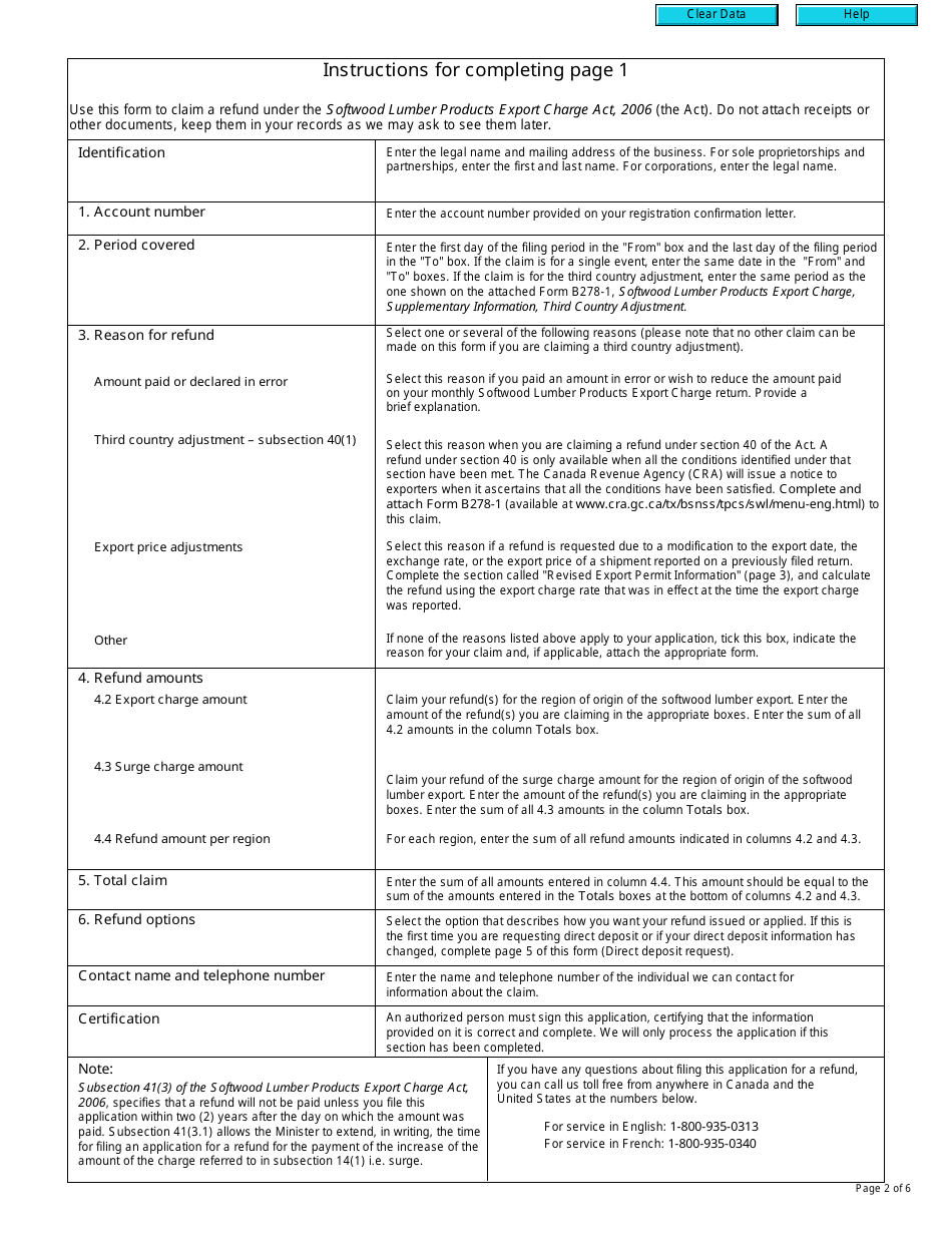 Form B278 Softwood Lumber Products Export Charge - Application for Refund - Canada, Page 2