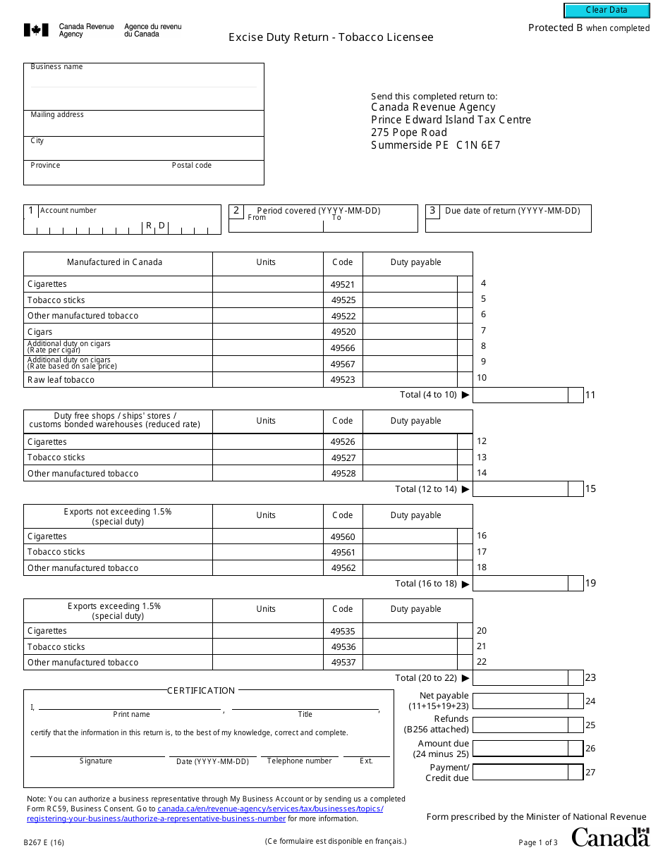 Form B267 Excise Duty Return - Tobacco Licensee - Canada, Page 1