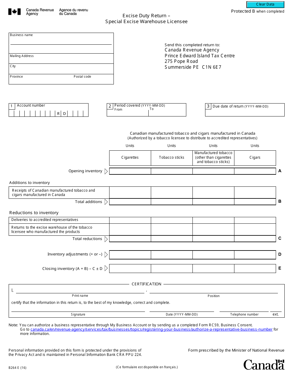 Form B264 Excise Duty Return - Special Excise Warehouse Licensee - Canada, Page 1