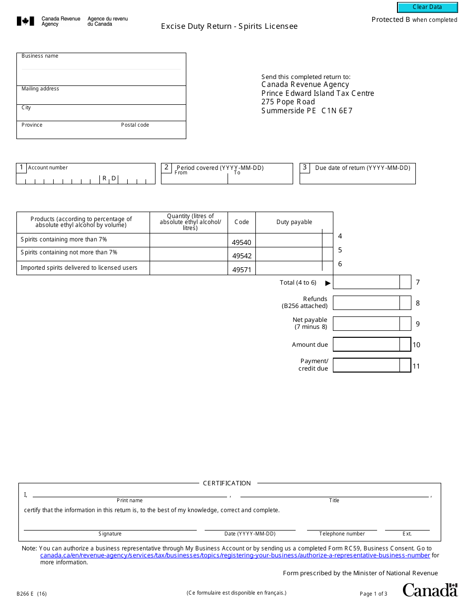 Form B266 Download Fillable PDF or Fill Online Excise Duty Return