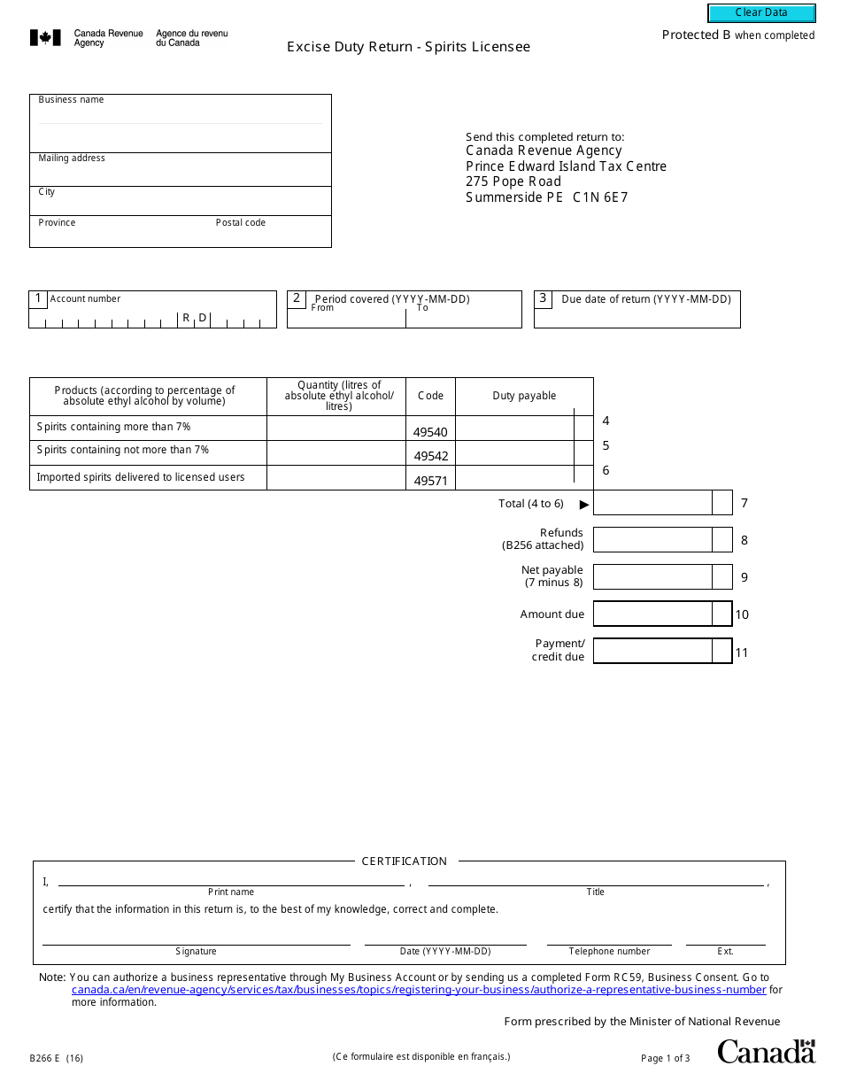 Form B266 Excise Duty Return - Spirits Licensee - Canada, Page 1