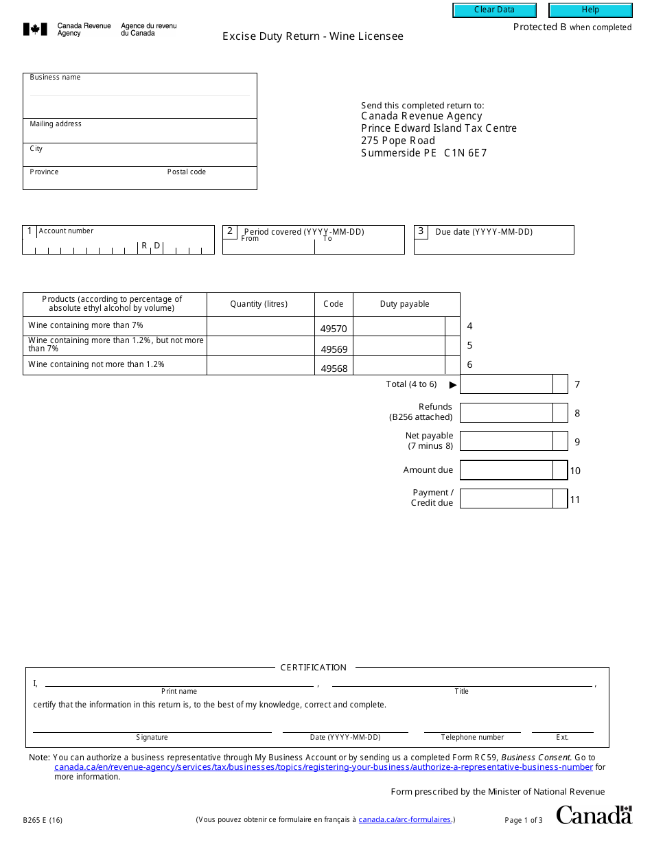 Form B265 Excise Duty Return - Wine Licensee - Canada, Page 1