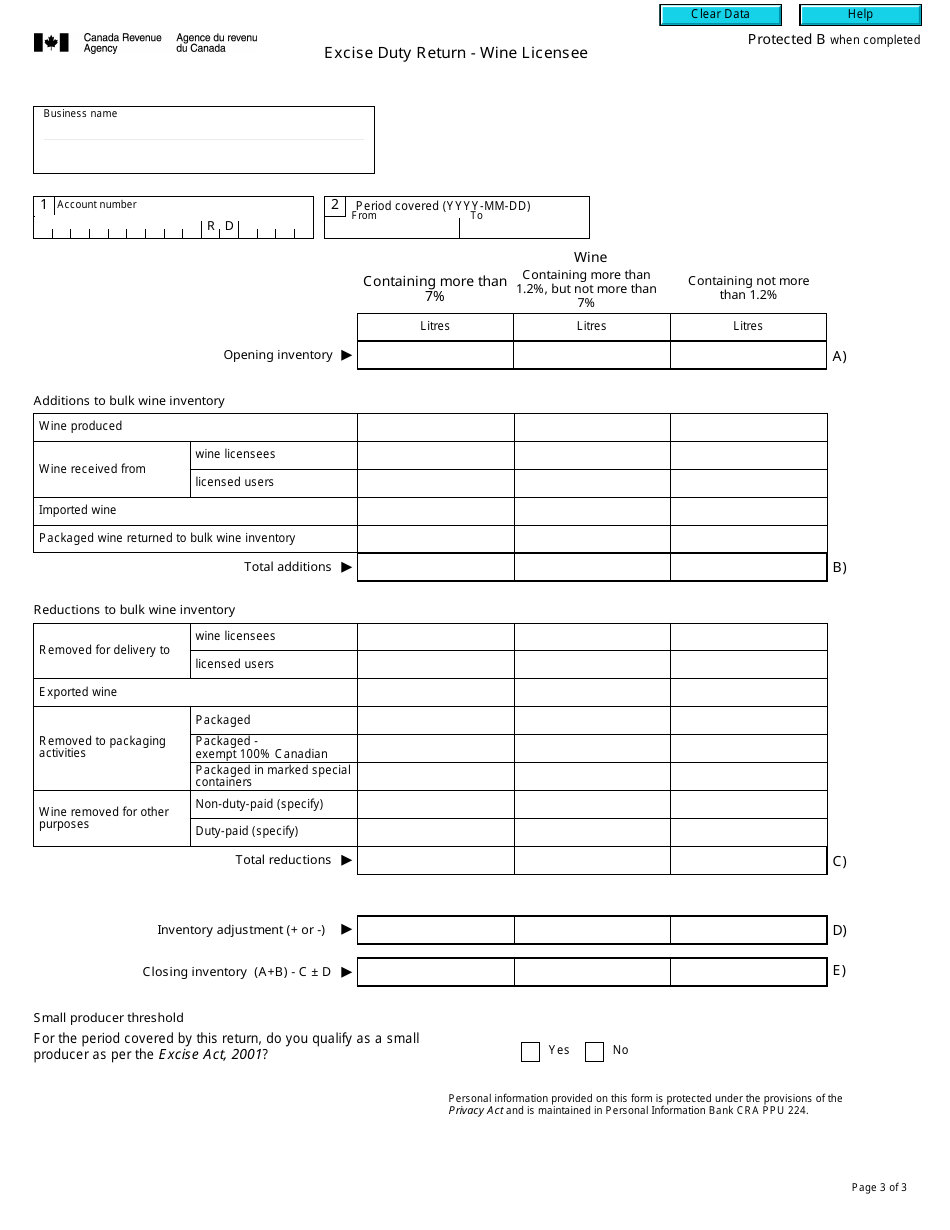Form B265 Excise Duty Return - Wine Licensee - Canada, Page 3