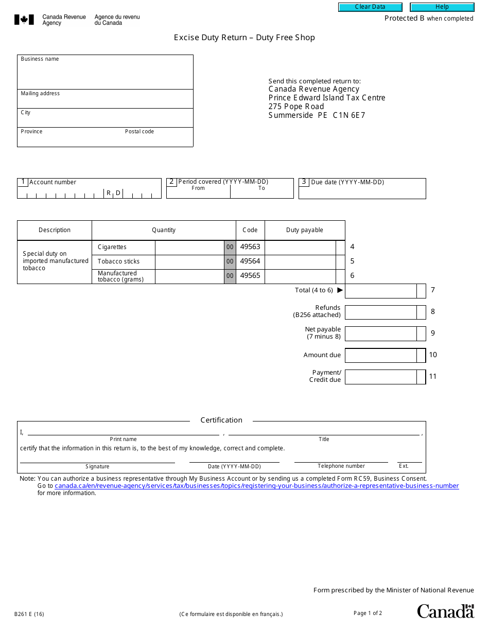 Form B261 Excise Duty Return - Duty Free Shop - Canada, Page 1