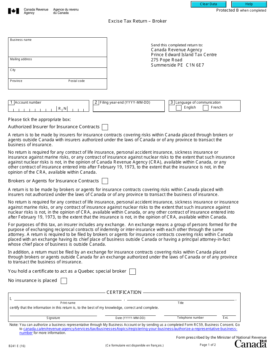 Form B241 Excise Tax Return - Broker - Canada, Page 1