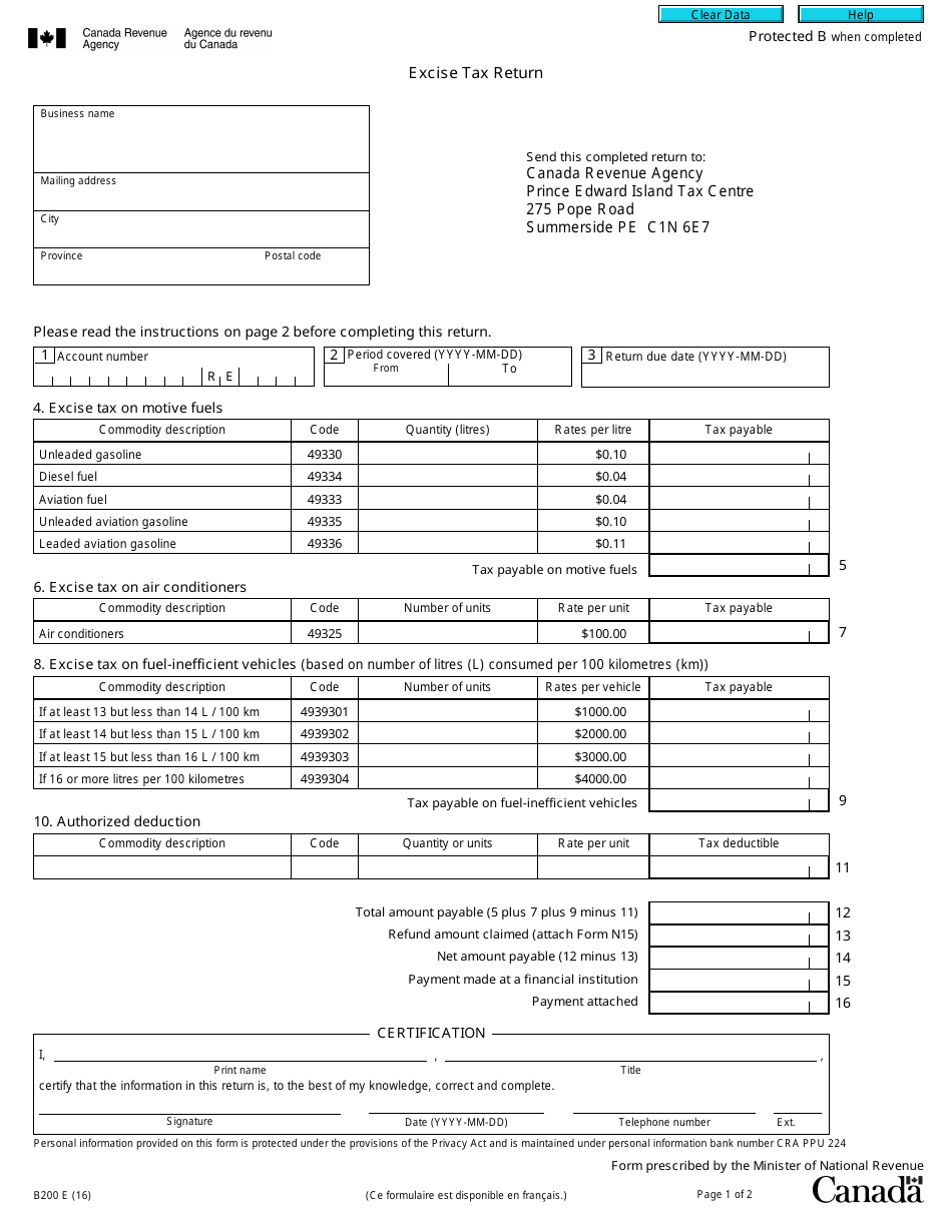 Form B200 Excise Tax Return - Canada, Page 1