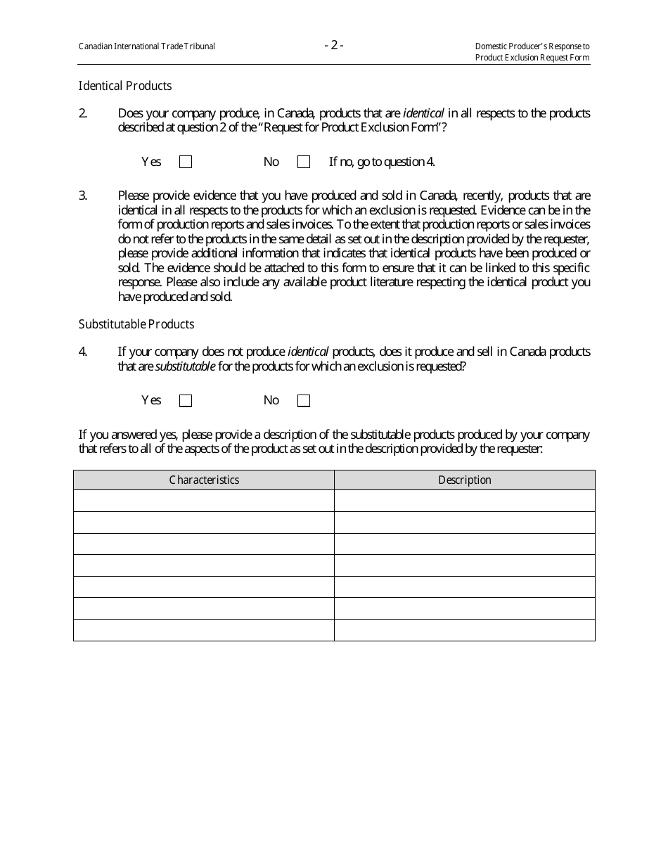 Domestic Producers Response to Product Exclusion Request Form - Canada, Page 3