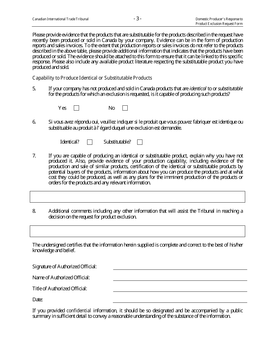 Domestic Producers Response to Product Exclusion Request Form - Canada, Page 4