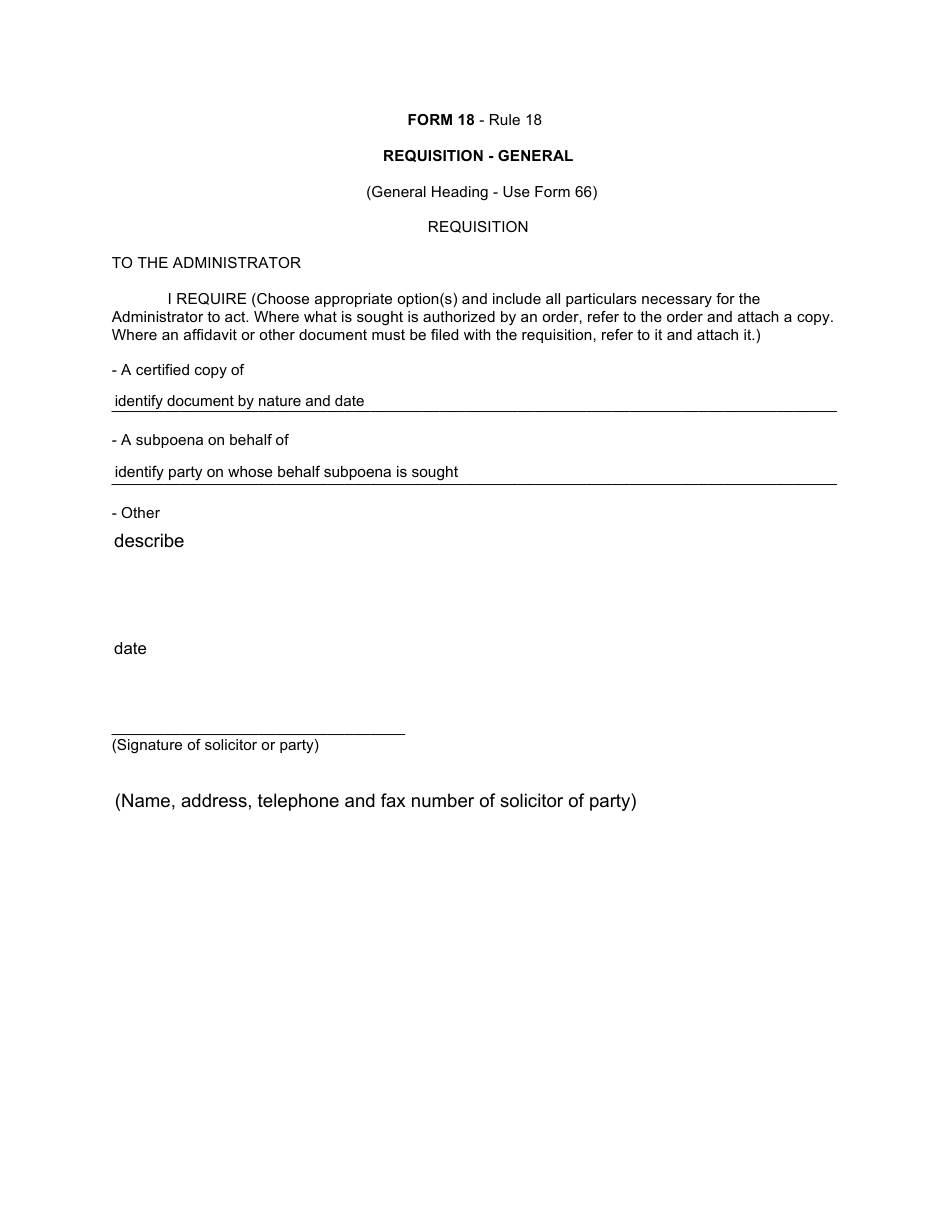 Form 18 Requisition - General - Canada, Page 1