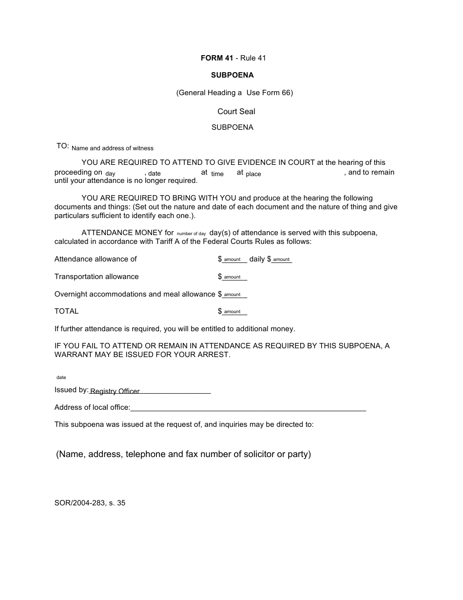 Form 41 Subpoena - Canada, Page 1