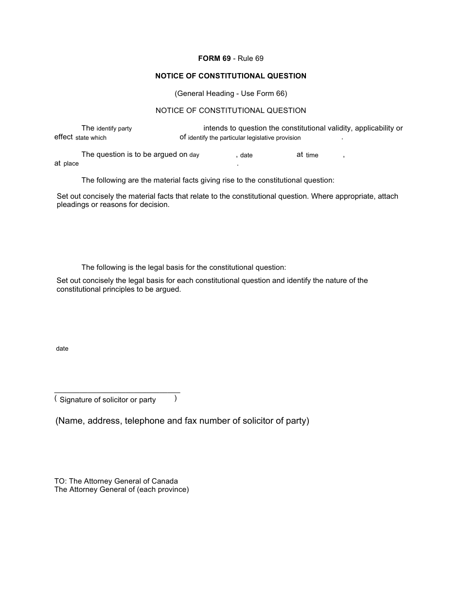 Form 69 Notice of the Constitutional Question - Canada, Page 1