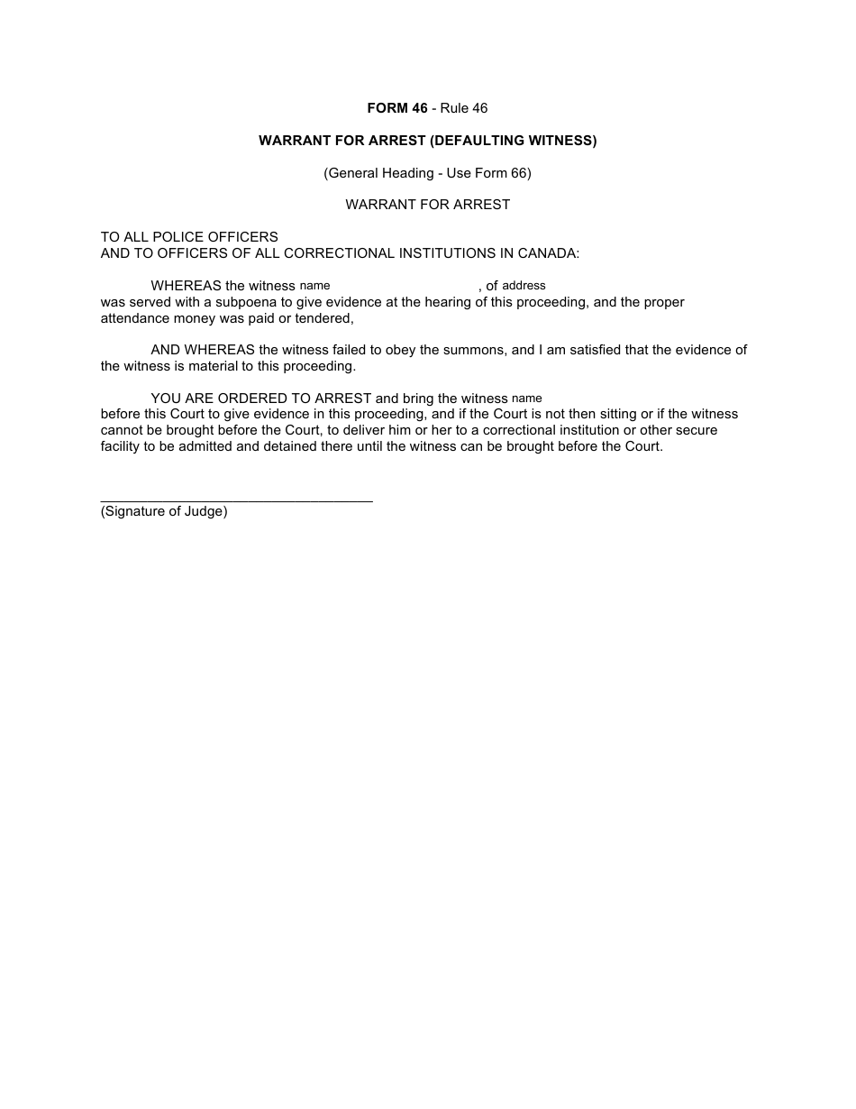 Form 46 Warrant for Arrest (Defaulting Witness) - Canada, Page 1