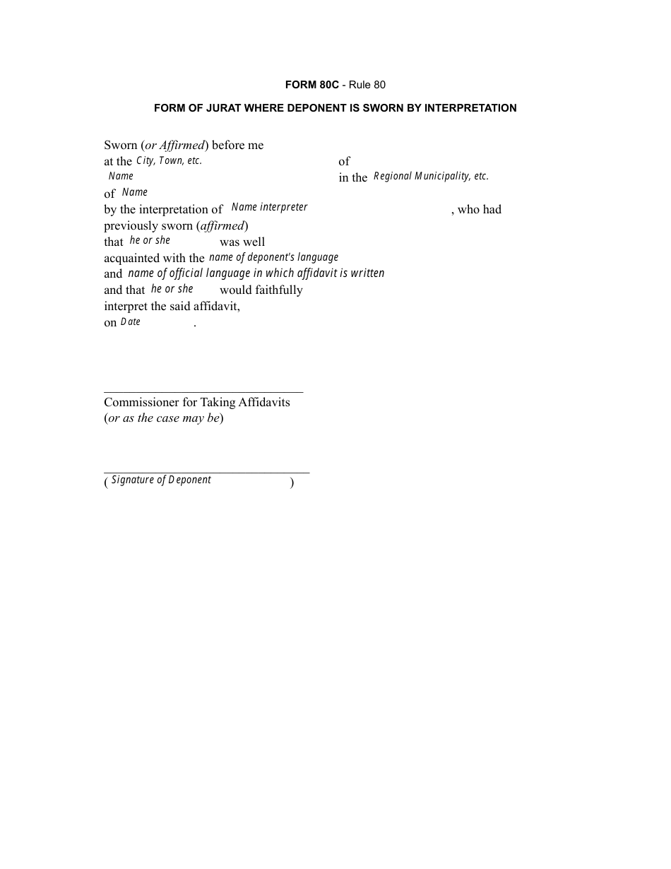 Form 80C Form of Jurat Where Deponent Is Sworn by Interpretation - Canada, Page 1