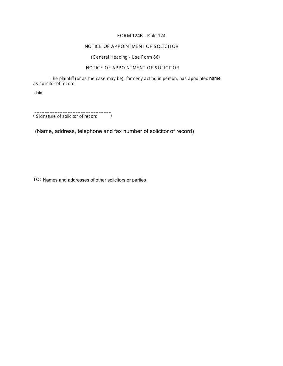 Form 124B Notice of Appointment of Solicitor - Canada, Page 1