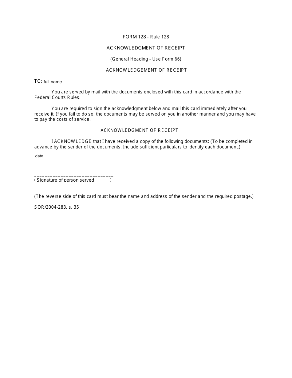 Form 128 Acknowledgment of Receipt - Canada, Page 1