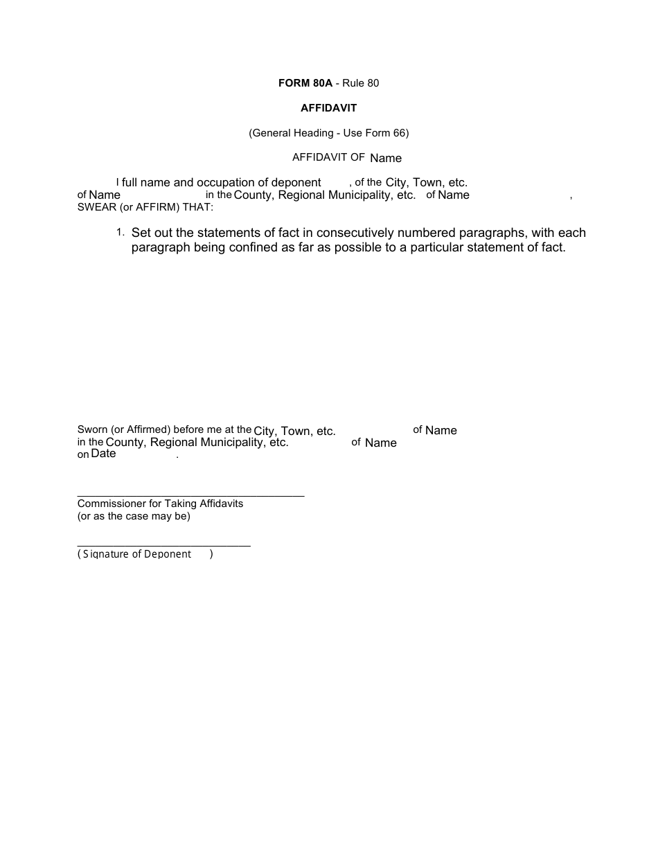 Form 80A Affidavit - Canada, Page 1