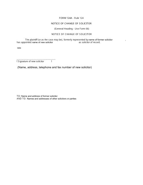 Form 124A Notice of Change of Solicitor - Canada