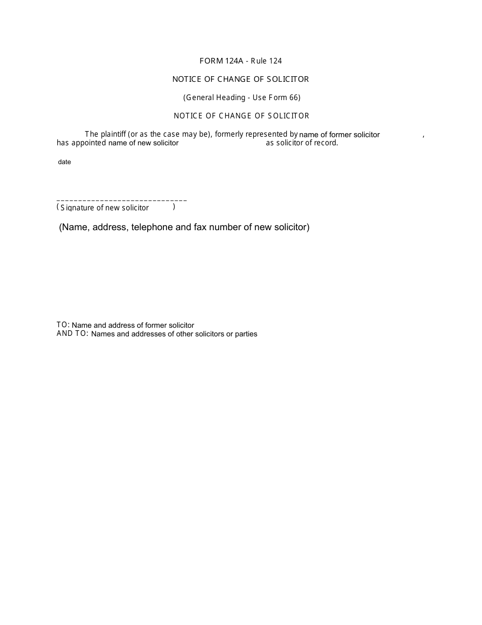 Form 124A Notice of Change of Solicitor - Canada, Page 1