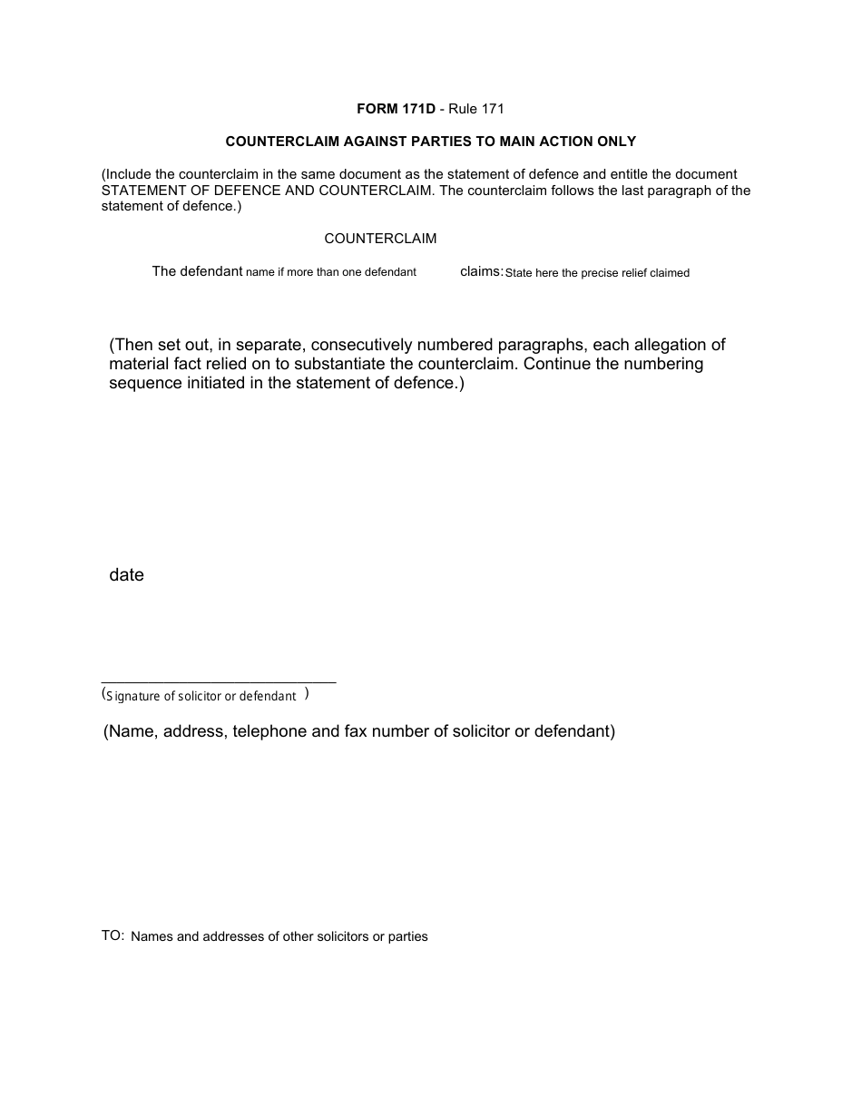 Form 171D Counterclaim Against Parties to Main Action Only - Canada, Page 1