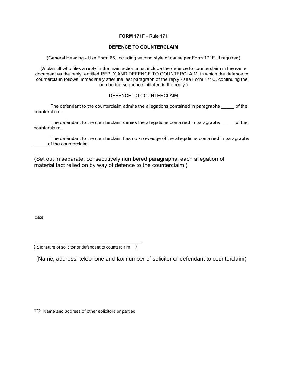 Form 171F Defence to Counterclaim - Canada, Page 1