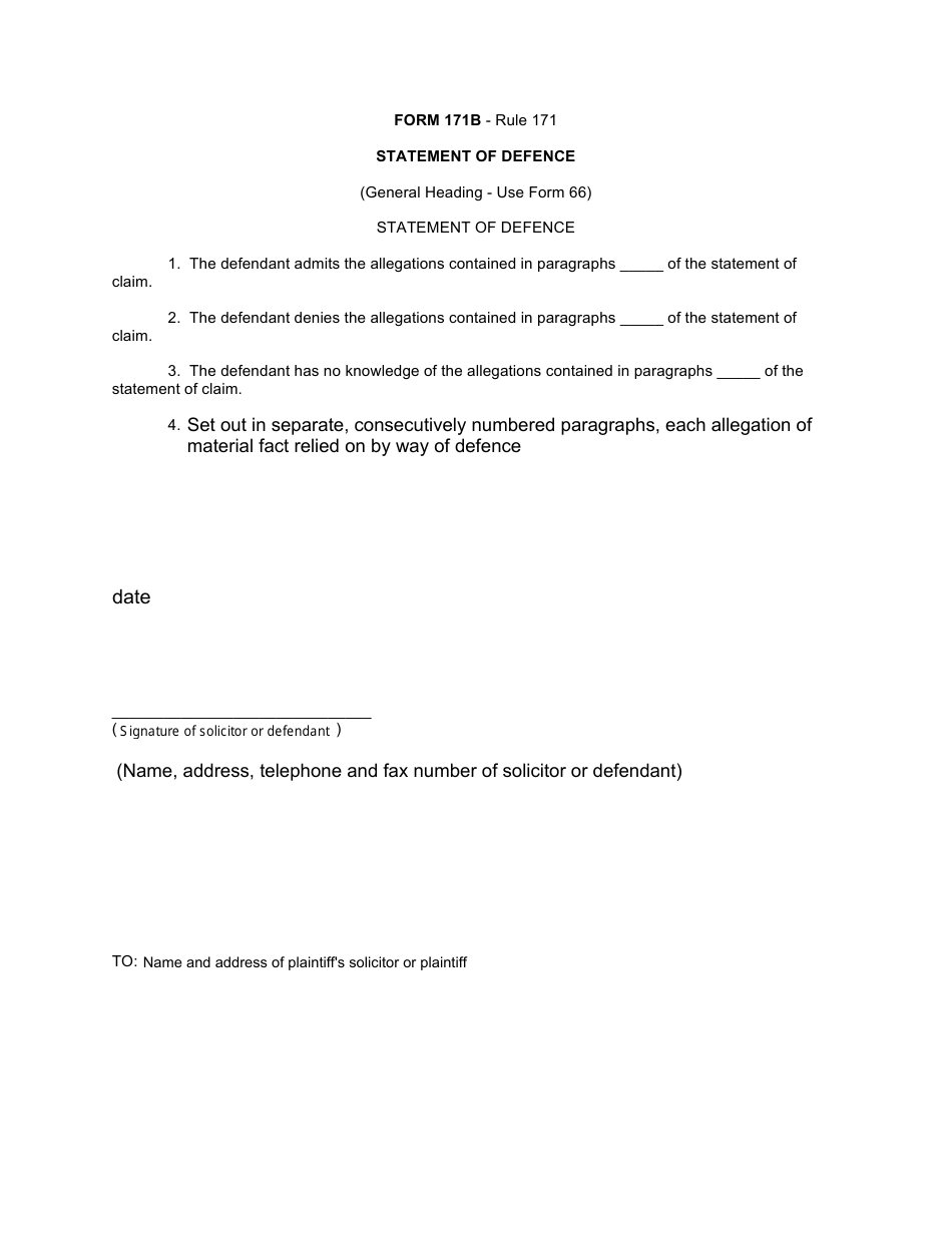 Form 171B Statement of Defence - Canada, Page 1