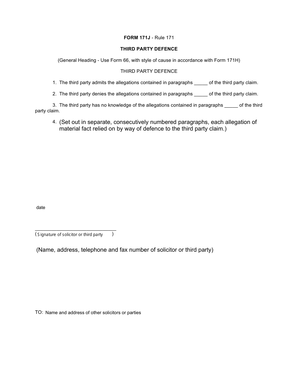 Form 171J Third Party Defence - Canada, Page 1