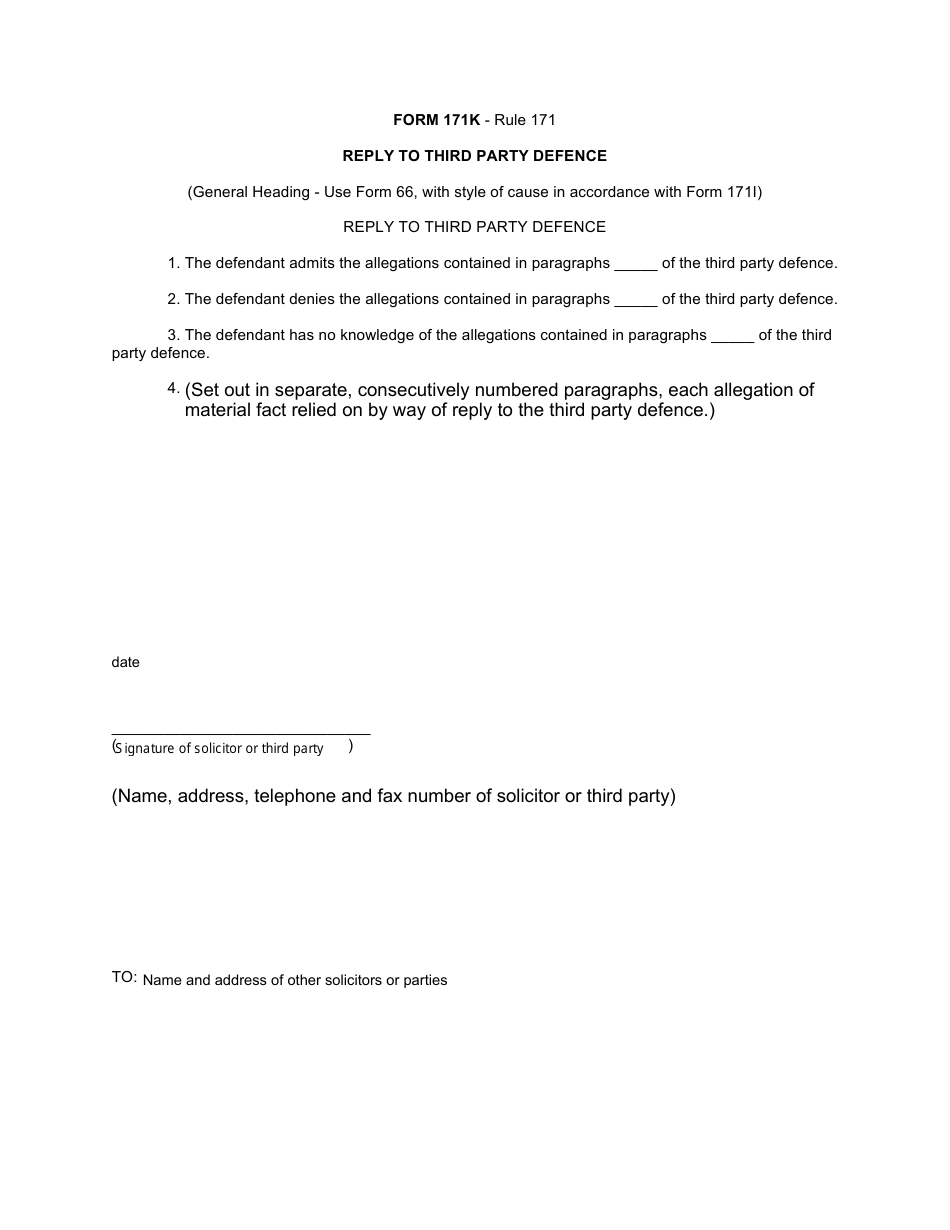 Form 171K Reply to Third Party Defence - Canada, Page 1