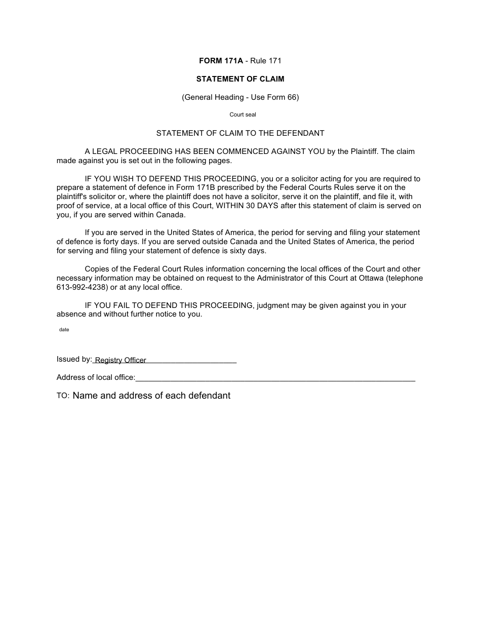 Form 171A Statement of Claim - Canada, Page 1