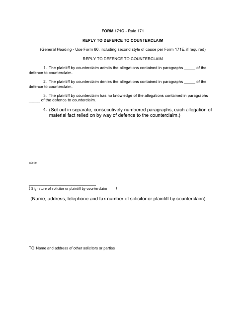 Form 171G Reply to Defence to Counterclaim - Canada