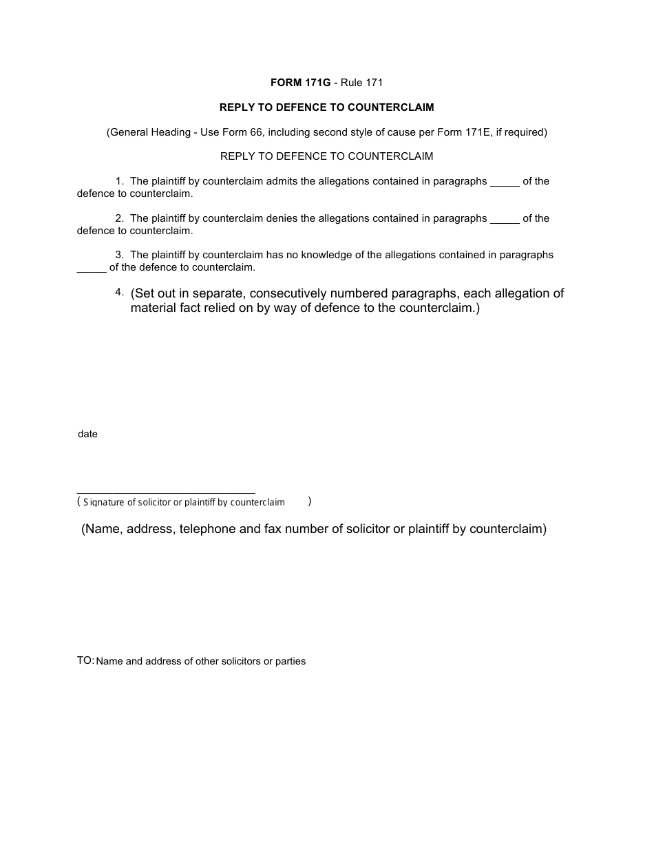 Form 171G Reply to Defence to Counterclaim - Canada, Page 1