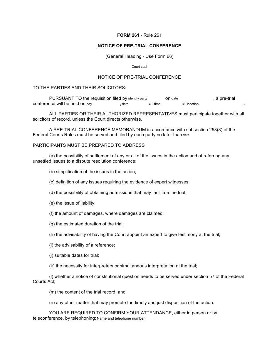 Form 261 Notice of Pre-trial Conference - Canada, Page 1
