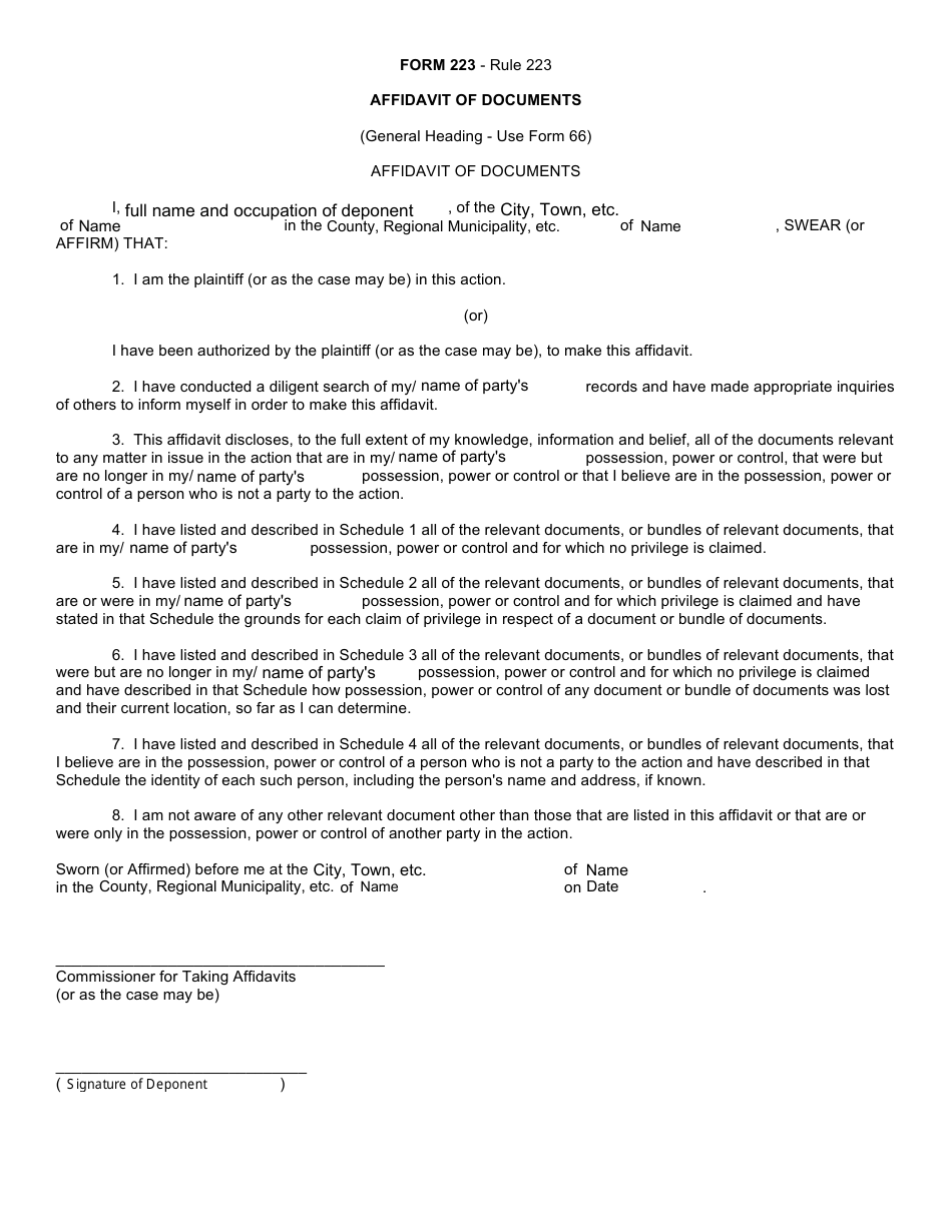 Form 223 Affidavit of Documents - Canada, Page 1