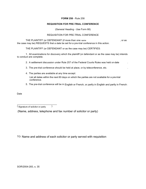 Form 258 Requisition for Pre-trial Conference - Canada