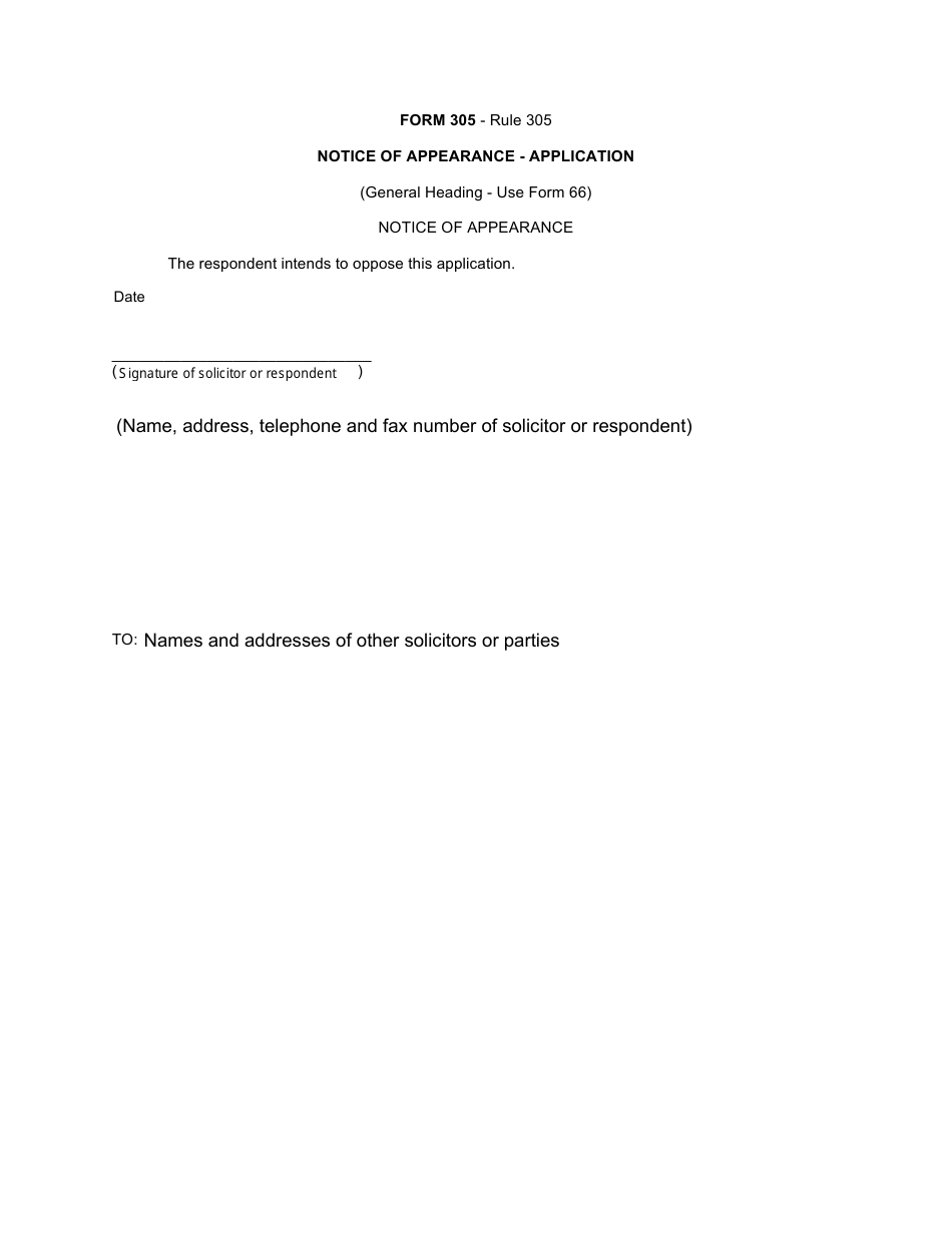 Form 305 Notice of Appearance - Application - Canada, Page 1