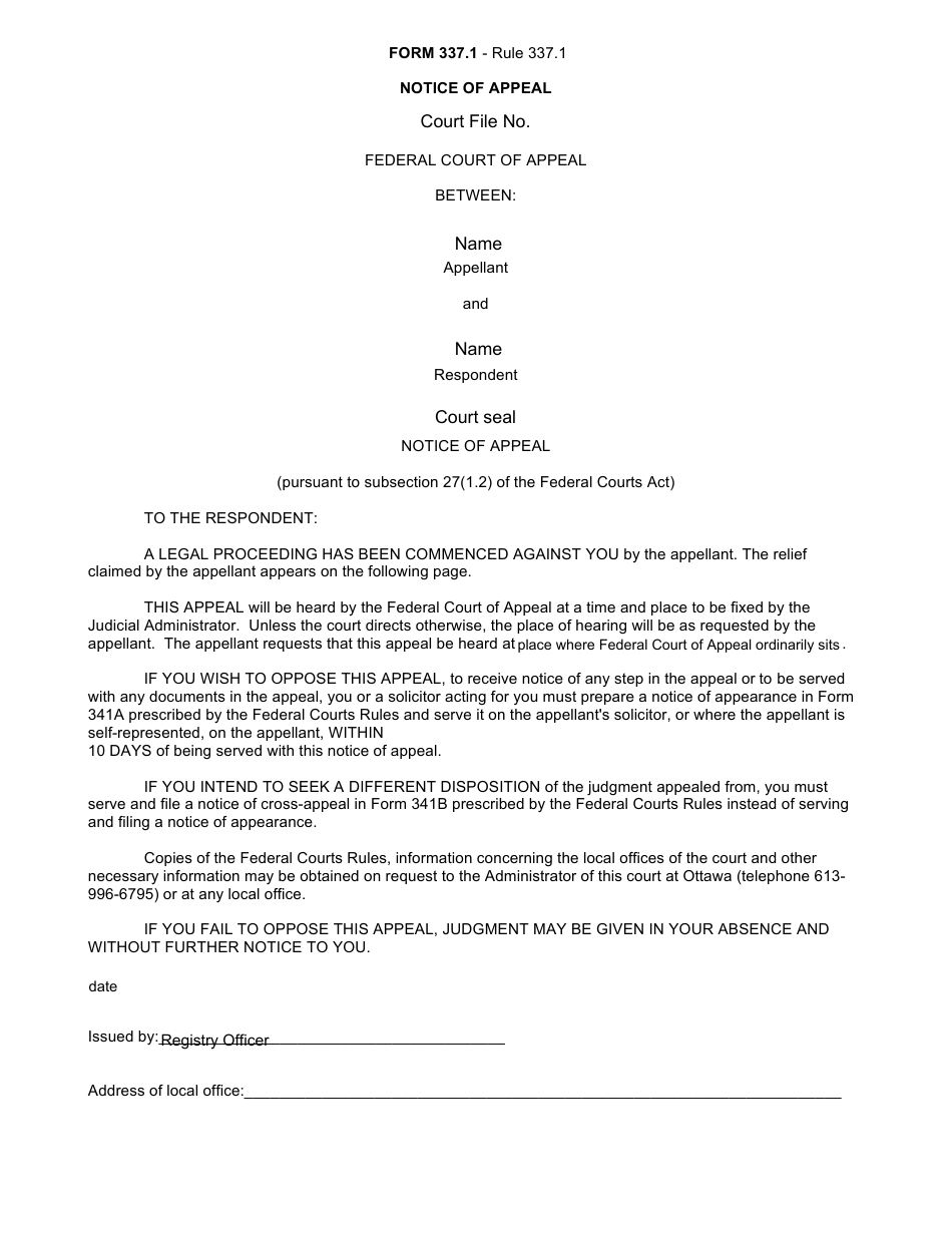 Form 337.1 Notice of Appeal - Canada, Page 1