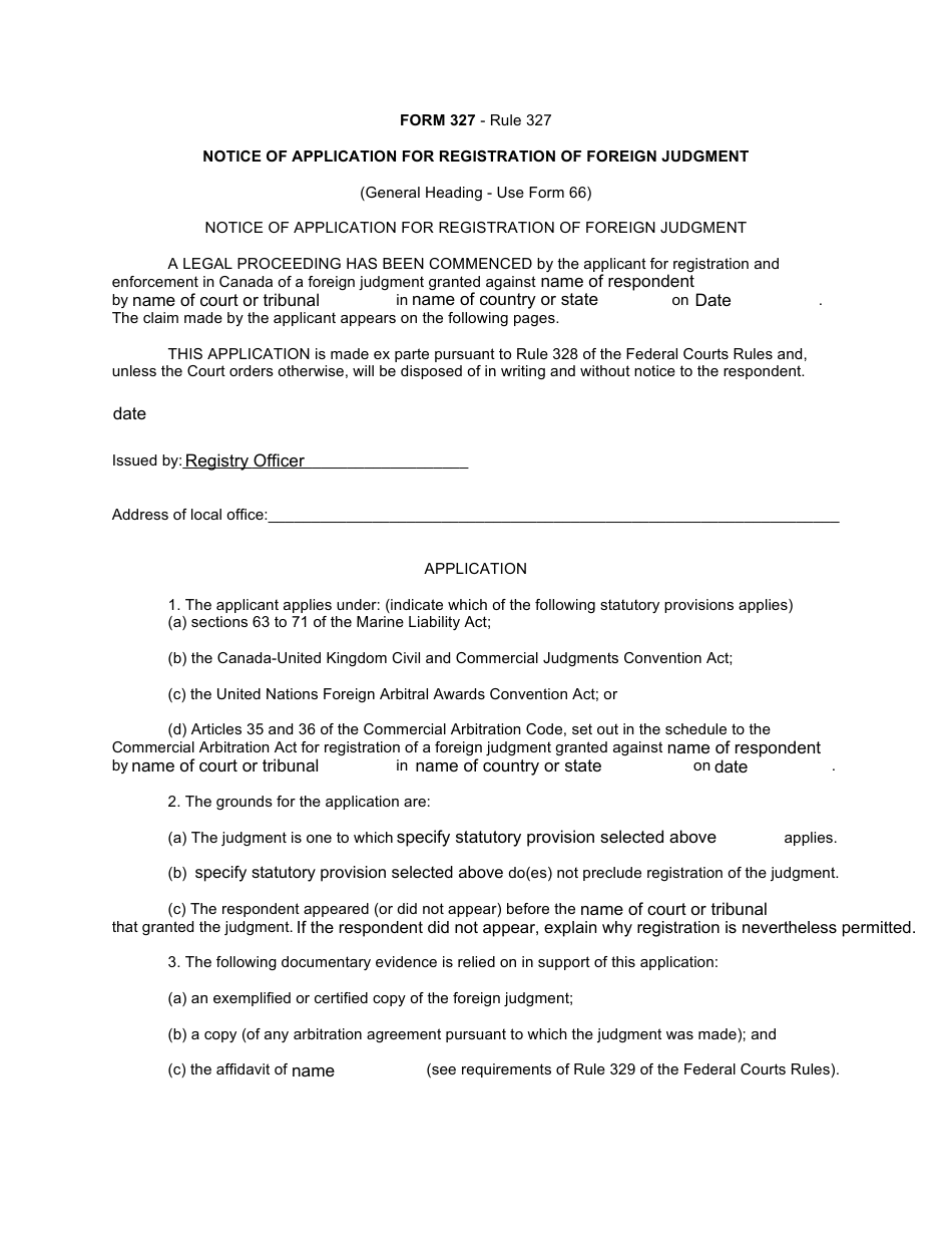Form 327 Notice of Application for Registration of Foreign Judgment - Canada, Page 1