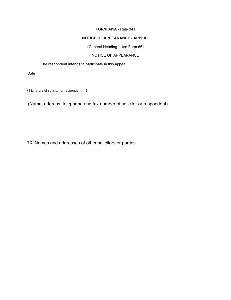 Form 341A Notice of Appearance - Appeal - Canada, Page 1