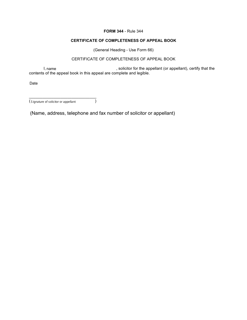 Form 344 Certificate of Completeness of Appeal Book - Canada, Page 1