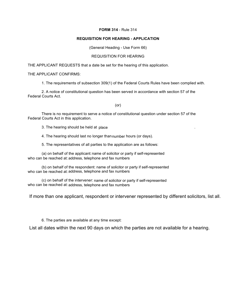 Form 314 Requisition for Hearing - Application - Canada, Page 1