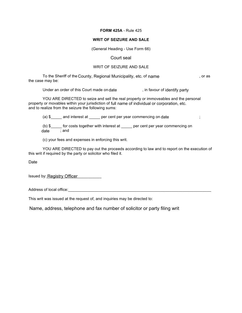 Form 425A Writ of Seizure and Sale - Canada, Page 1