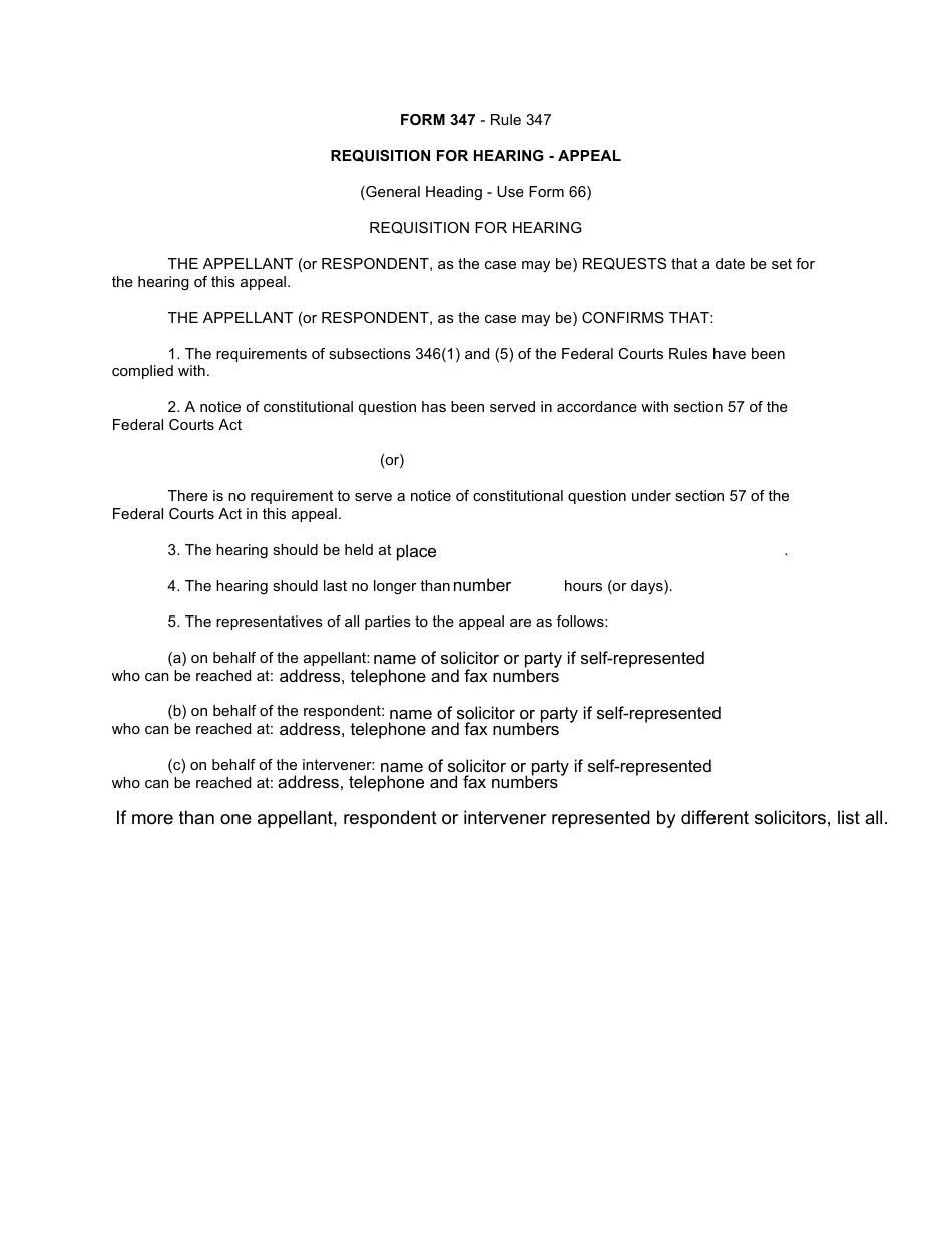 Form 347 Requisition for Hearing - Appeal - Canada, Page 1