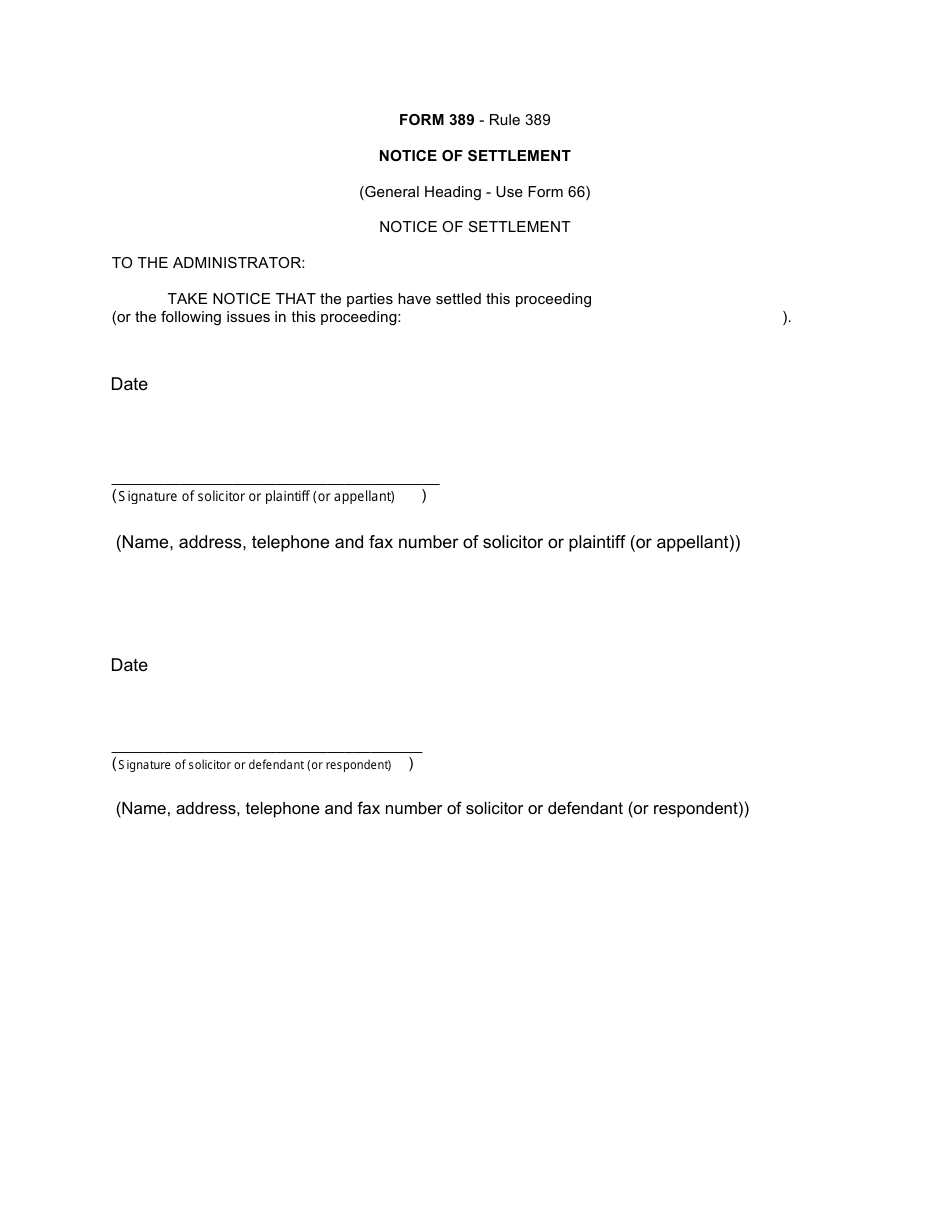 Form 389 Notice of Settlement - Canada, Page 1