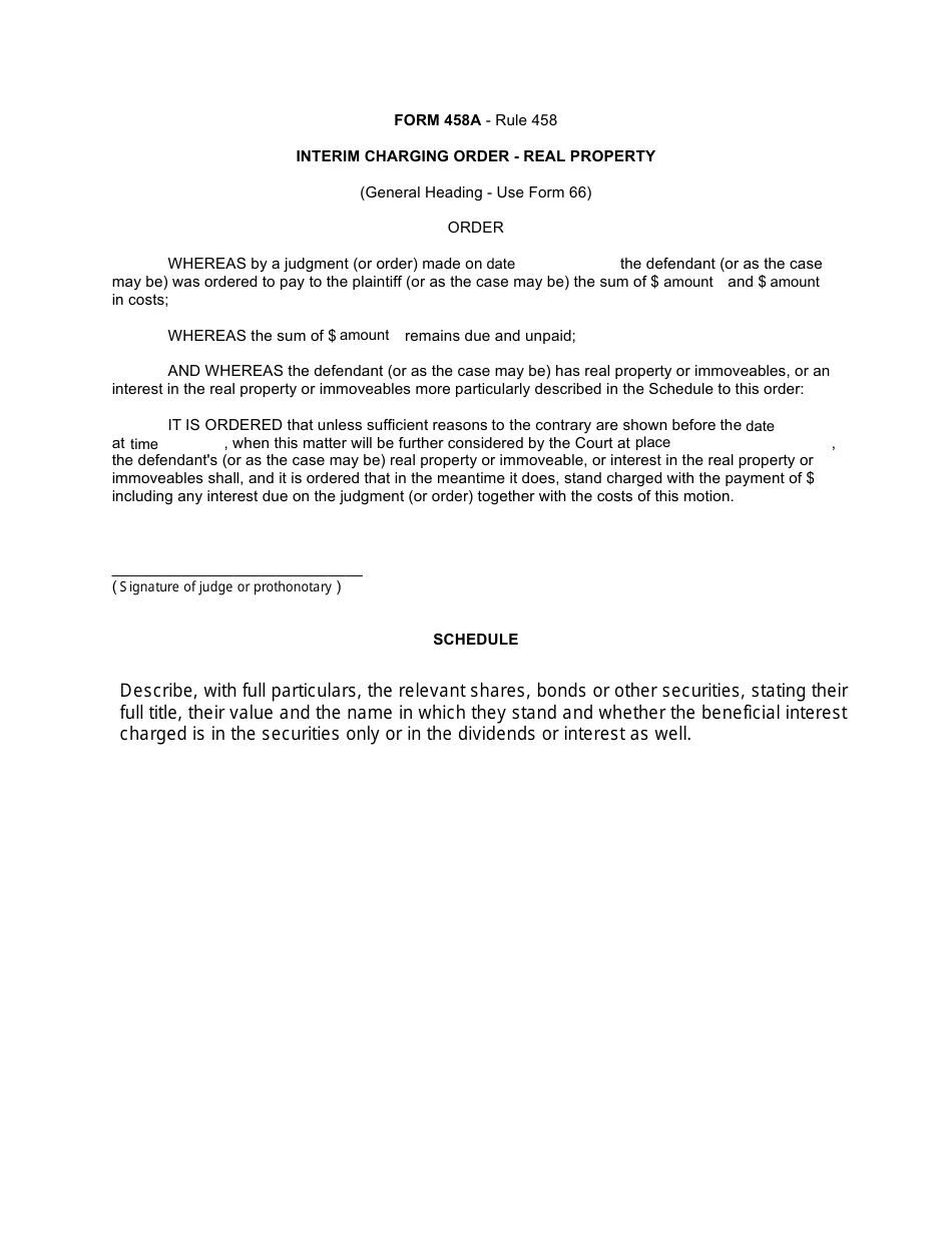 Form 458A Interim Charging Order - Real Property - Canada, Page 1