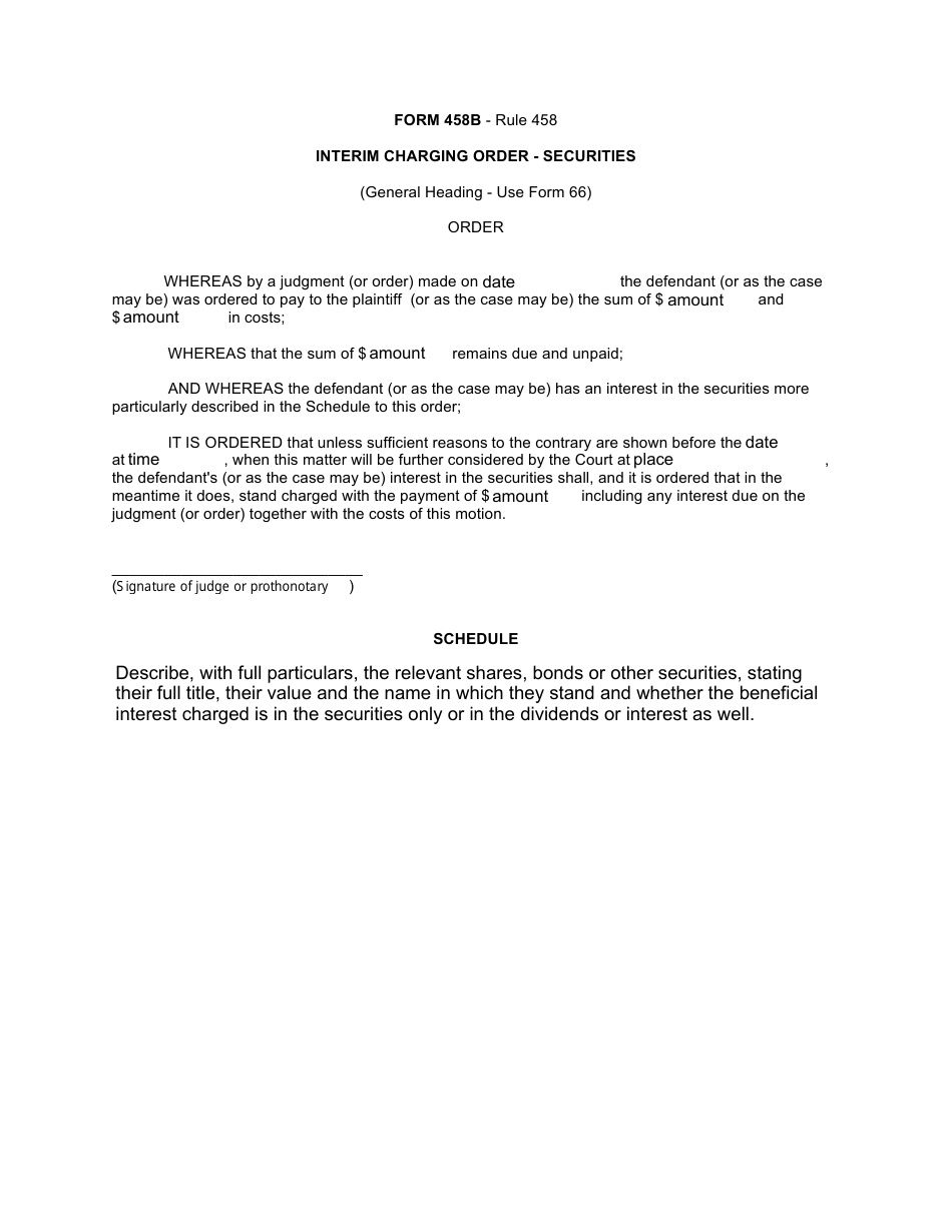 Form 458B Interim Charging Order - Securities - Canada, Page 1