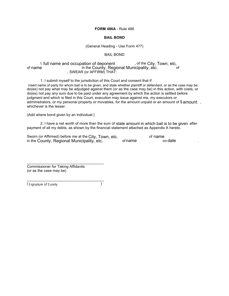 Form 486A Bail Bond - Canada, Page 1