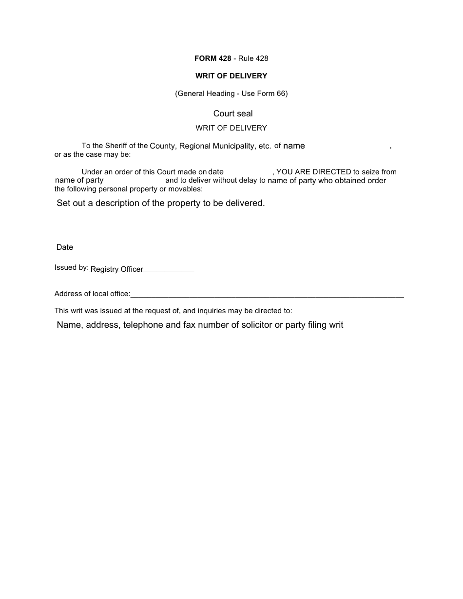 Form 428 Writ of Delivery - Canada, Page 1