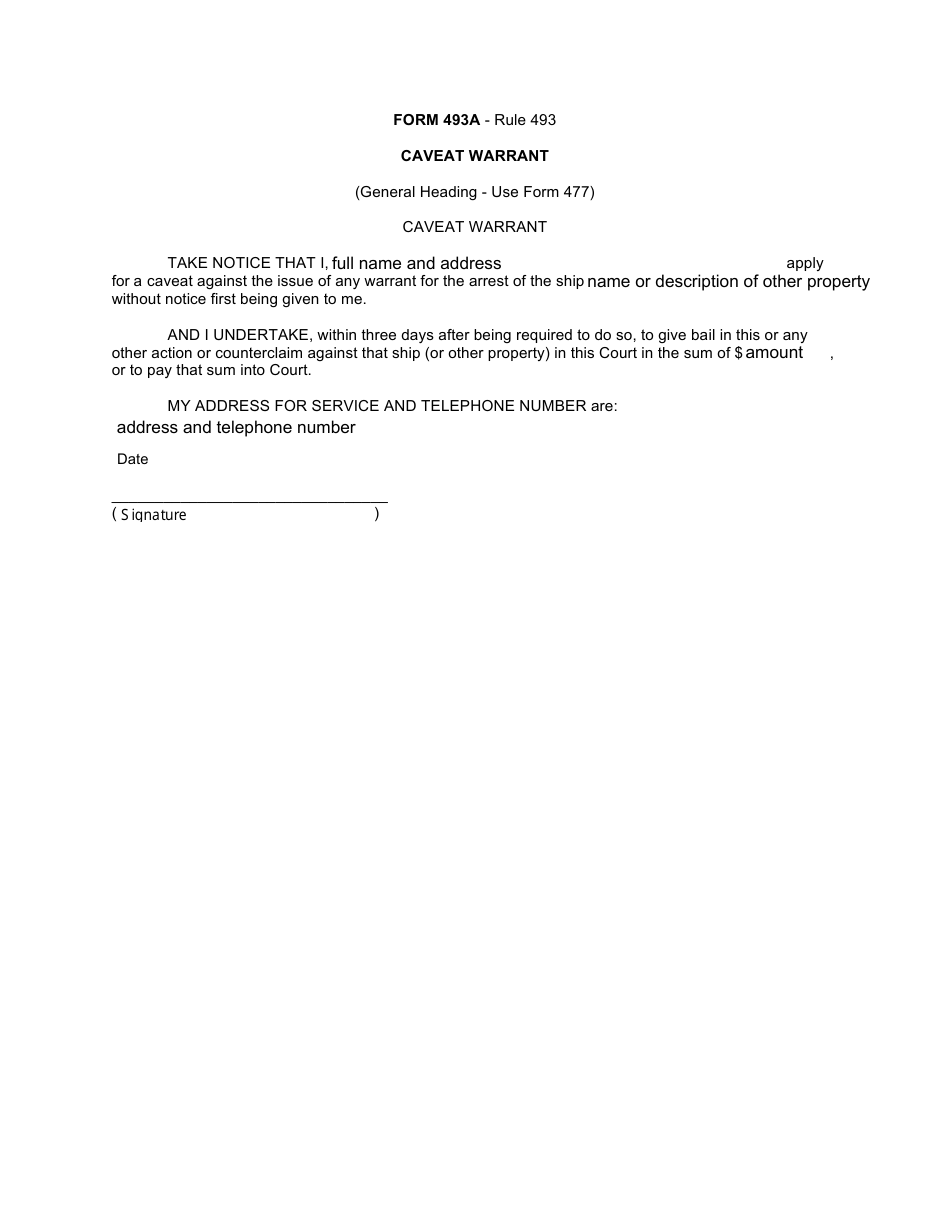 Form 493A Caveat Warrant - Canada, Page 1